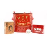 A red and gilt 'Hot Saveloys' toleware server, together with a collection of tins