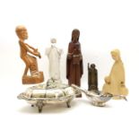 A bronze model of a religious figure, other religious figures, a silver plated entree dish and other