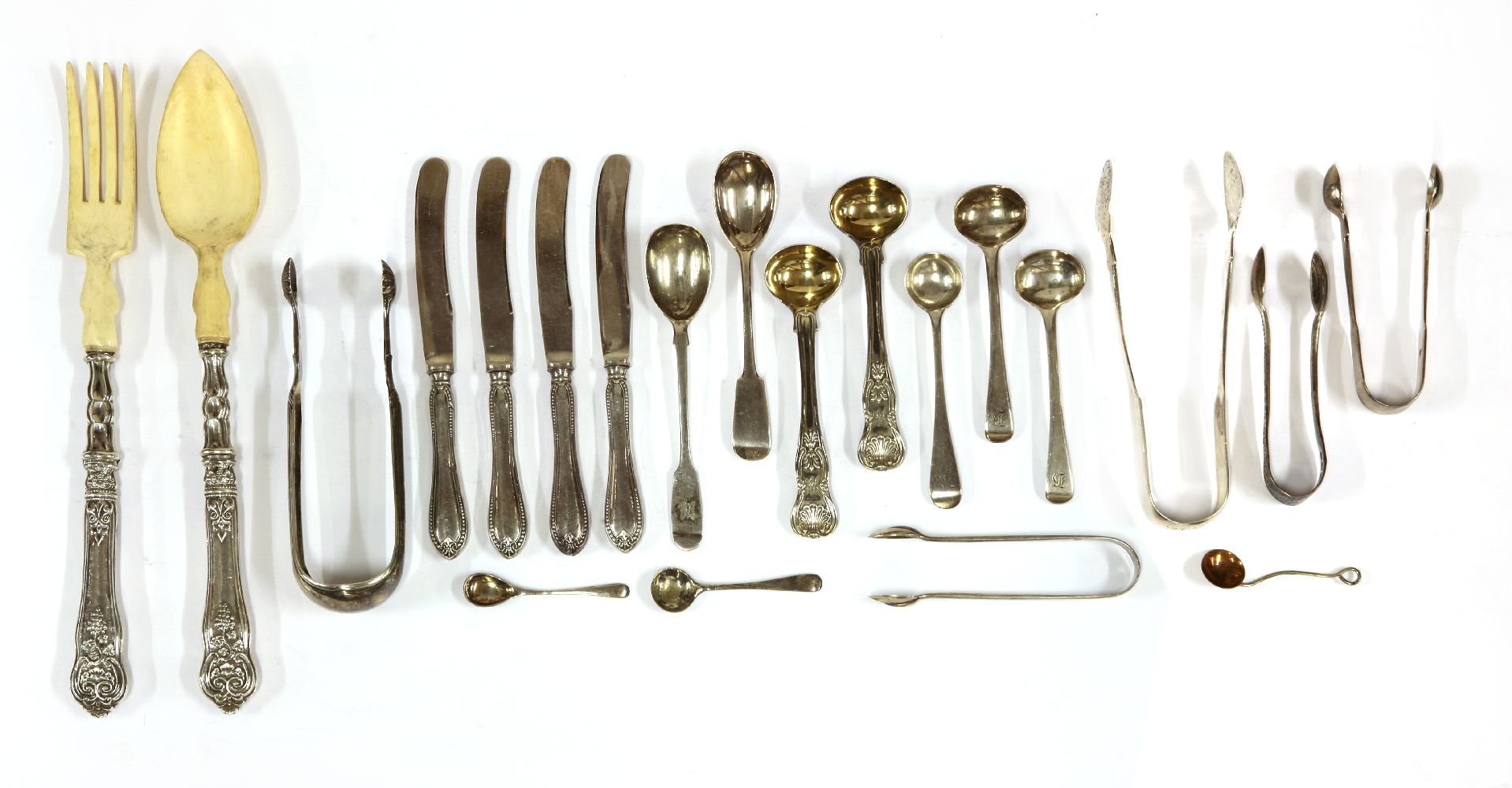 A pair of George IV silver King's Husk pattern salt spoons, London 1823, eight various condiment