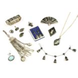 A collection of jewellery, to include Sian silver and black enamel jewellery, including a fan