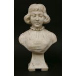 An alabaster bust, 19th century, depicting a Renaissance boy on a waisted square socle, 32cm