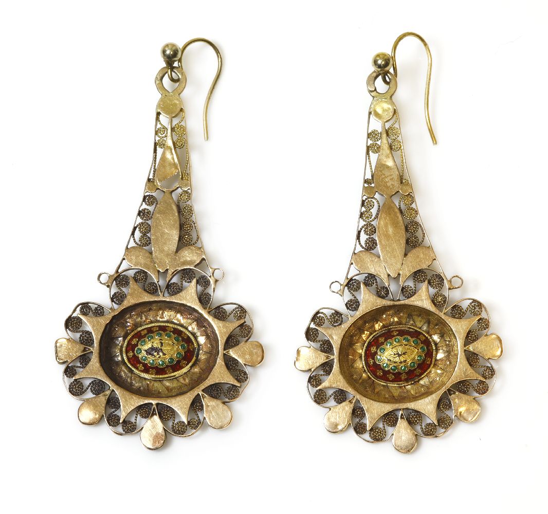 A pair of high carat gold Anglo-Indian filigree drop earrings, the central oval boss decorated
