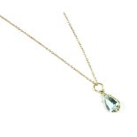 A single stone pear shaped aquamarine pendant, suspended on a trace chain, marked 375, 1.66g