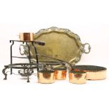 An assortment of mixed metal ware, to include a copper saucepan pot, a footman brass tray and two