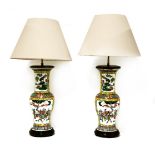 A pair of table lamps, in the form of Chinese baluster vases on turned hardwood stands, vases 41cm