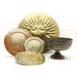 A collection of various brass and other metalware, to include a circular plaque with sun motif, 50cm