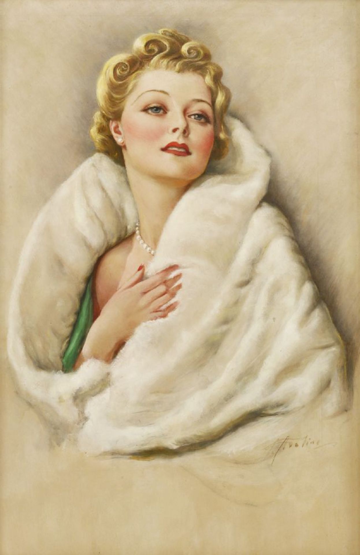 *Frank Aveline (1877-1951)A PORTRAIT OF A LADY IN PEARLS AND A MINK FUR WRAPSigned l.r., within an - Image 2 of 2