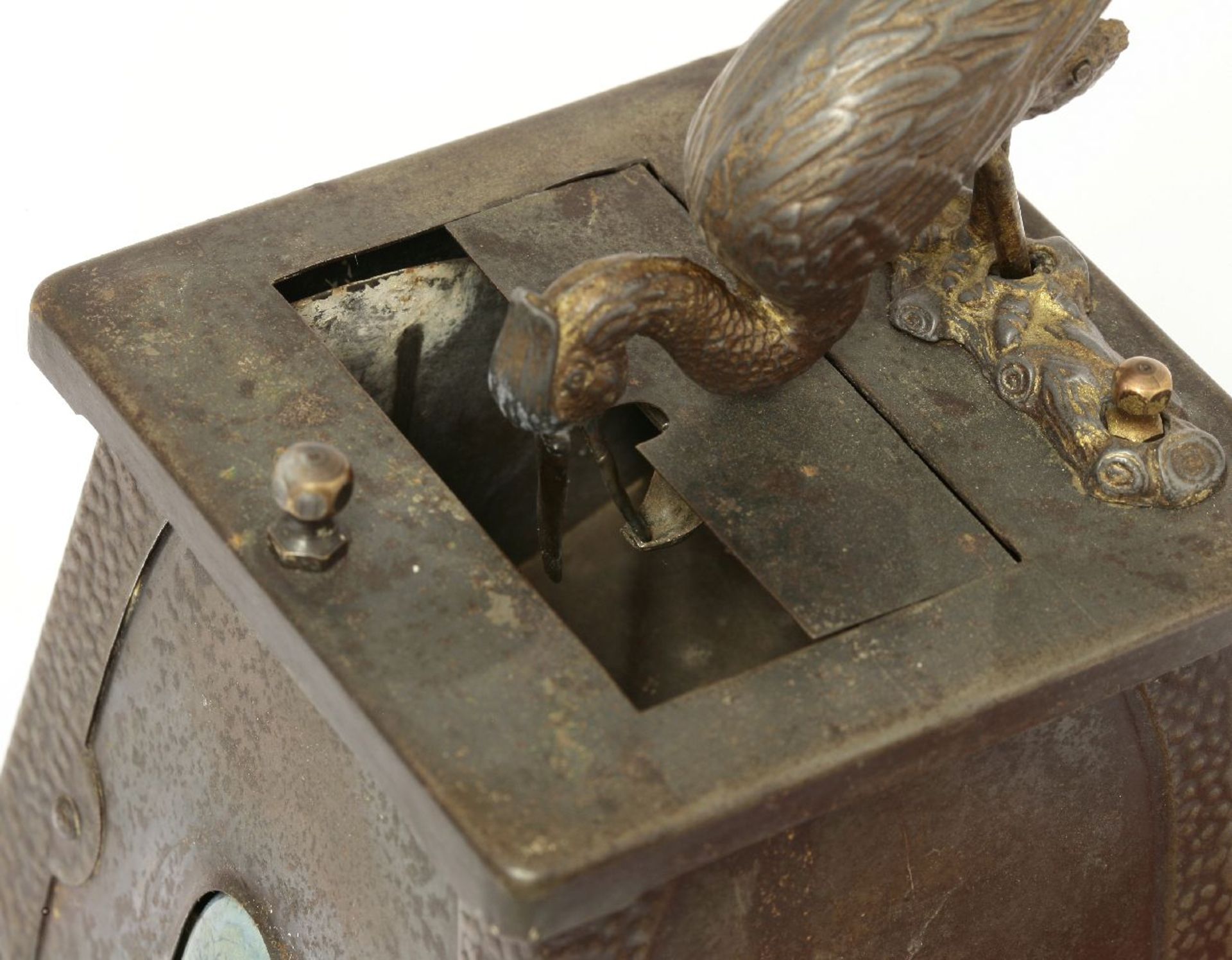 An Art Nouveau tinplate cigarette dispenser,mounted with a stork automata, the front panel mounted - Image 3 of 4