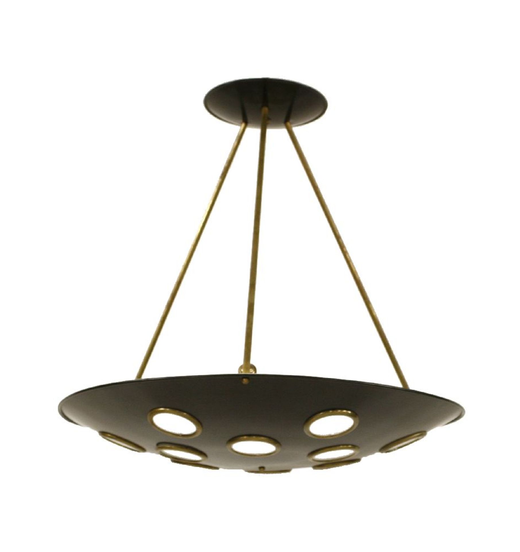 An Italian hanging ceiling light,the shallow dish base with twelve inset glass panels, fitted with