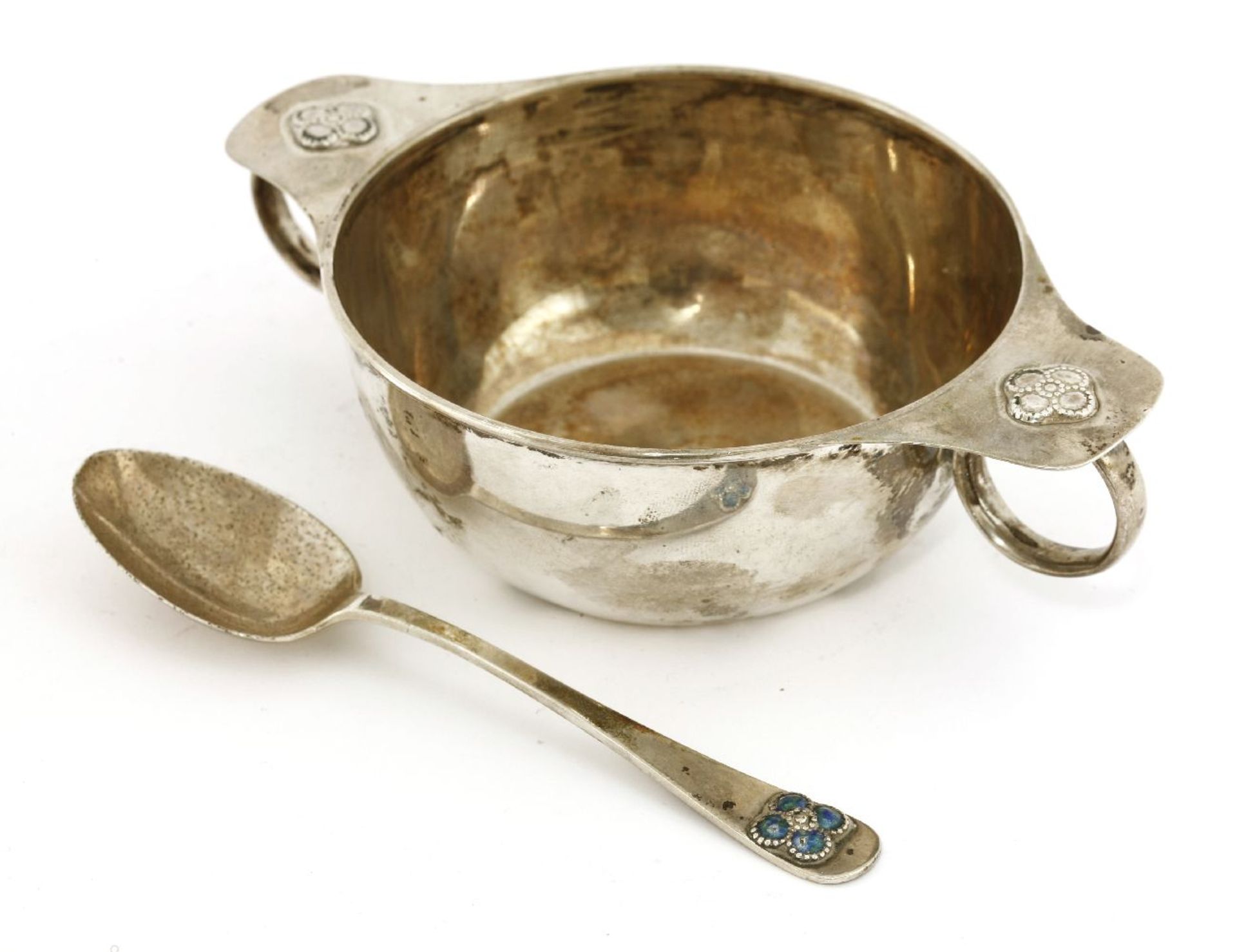 A silver twin-handled porringer,Liberty & Co., Birmingham, 1910,with flower details,16cm wide, - Image 2 of 2