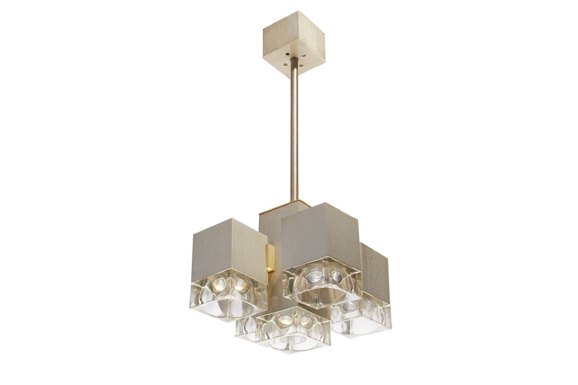 An Italian brushed steel and glass five-light cubic chandelier,by Gaetano Sciolari (1927-1994), c.