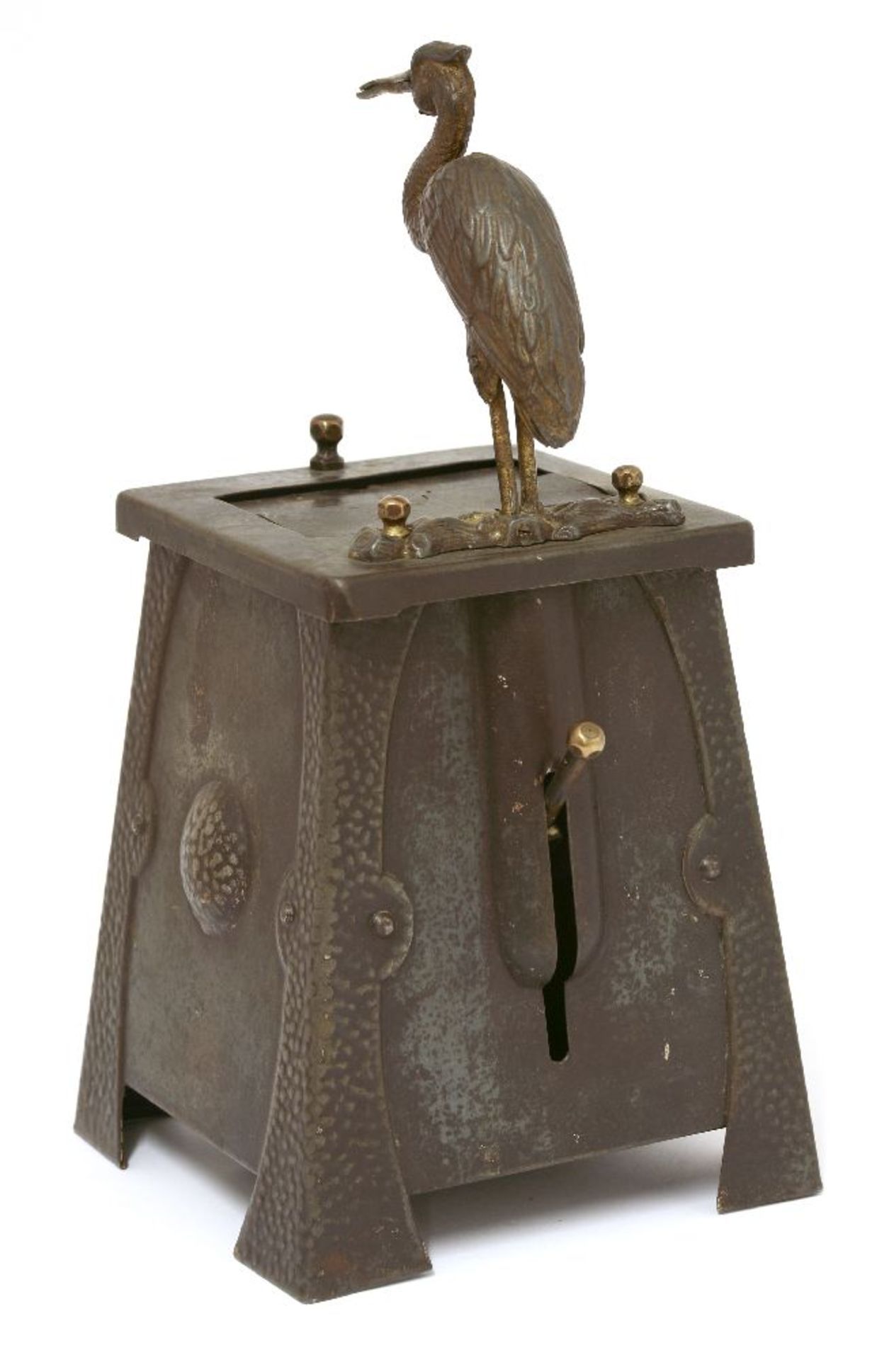 An Art Nouveau tinplate cigarette dispenser,mounted with a stork automata, the front panel mounted - Image 4 of 4