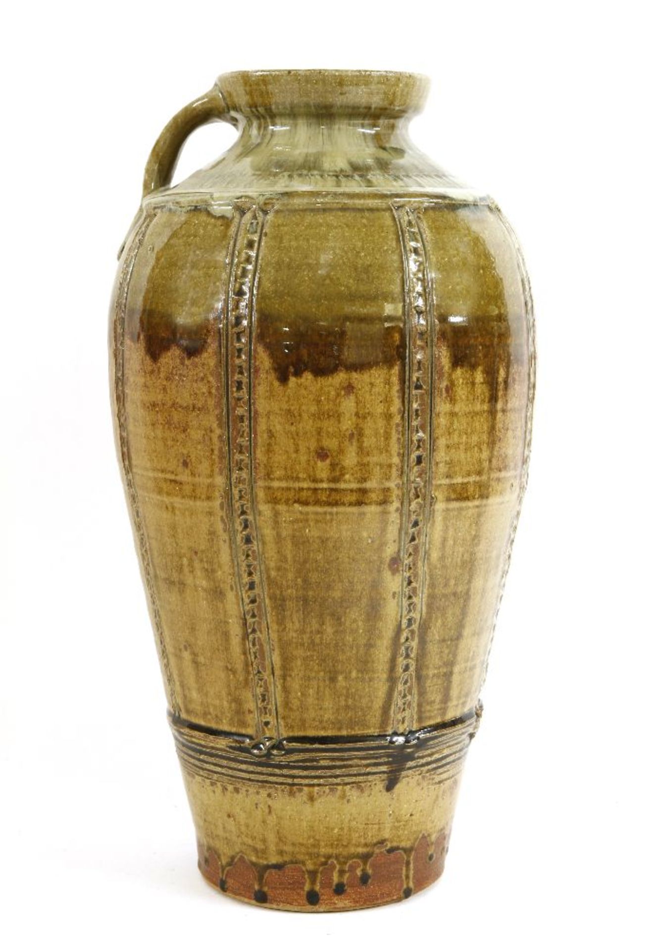 *Mike Dodd (b.1943),a glazed stoneware handled vase with vertical incised and impressed bands,43.5cm