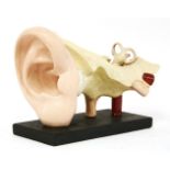 HUMAN EAR,20th century, an anatomical model of a human ear, mounted on a wooden base, dome 23cm