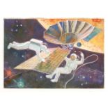 V KRAVCHENKO (20th century)RUSSIAN COSMONAUTS REPAIR A SATELLITE IN DEEP SPACESigned u.r., oil on