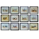 TWELVE BULLFIGHTING FRAMED PRINTS,late 19th century, French, handcoloured, showing the stages of a