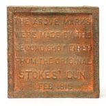 STOKES GUN,early 20th century WWI interest, a commemorative cast iron brick form plaque, 21cm