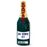 A LARGE ENAMEL CHAMPAGNE BOTTLE SIGN,French, from the Champagne region, with metal fixings to the