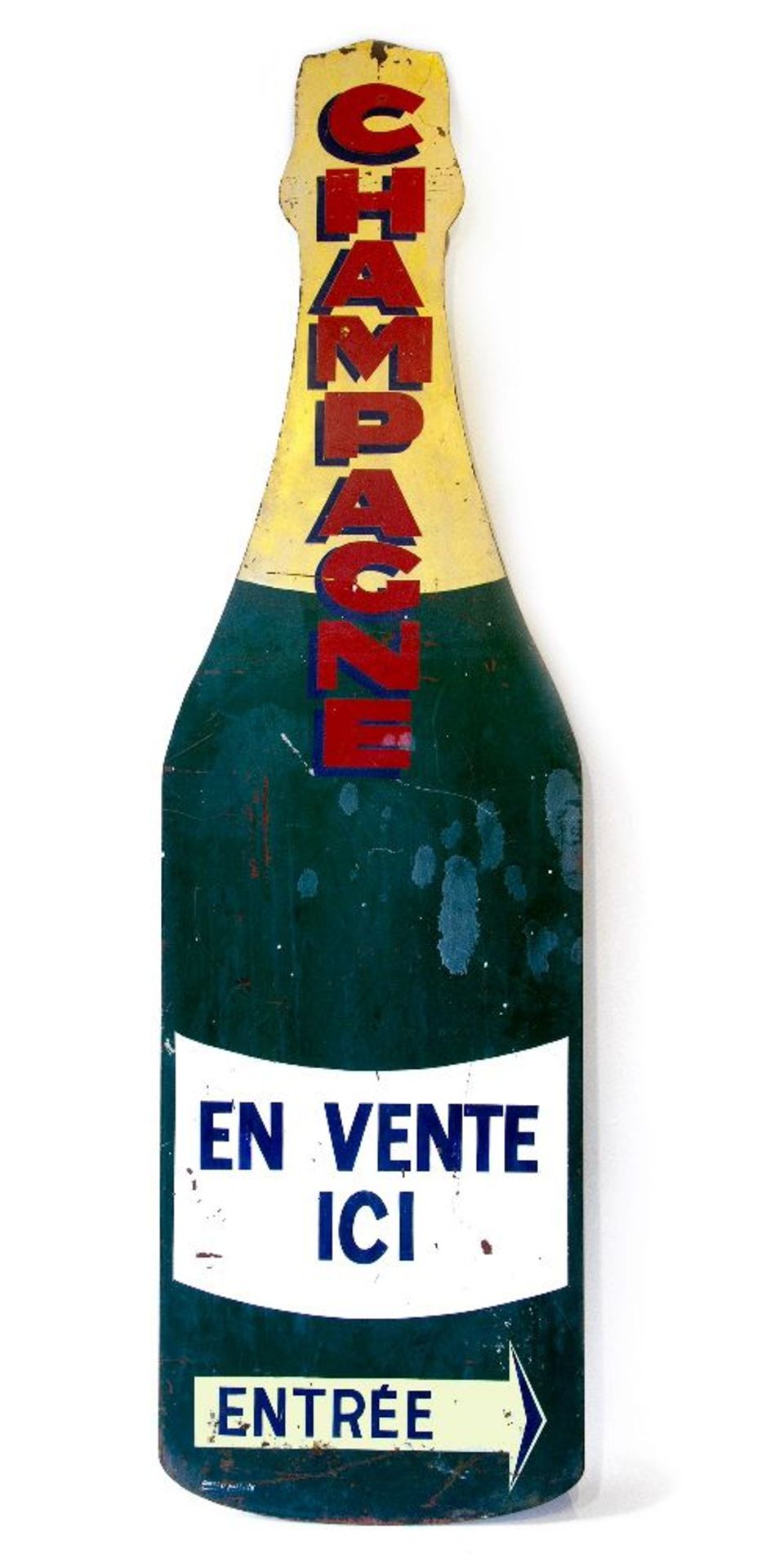 A LARGE ENAMEL CHAMPAGNE BOTTLE SIGN,French, from the Champagne region, with metal fixings to the
