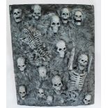 SKULLS AND SKELETONS,a film prop relief wall panel with skulls and skeletal remains, foam and