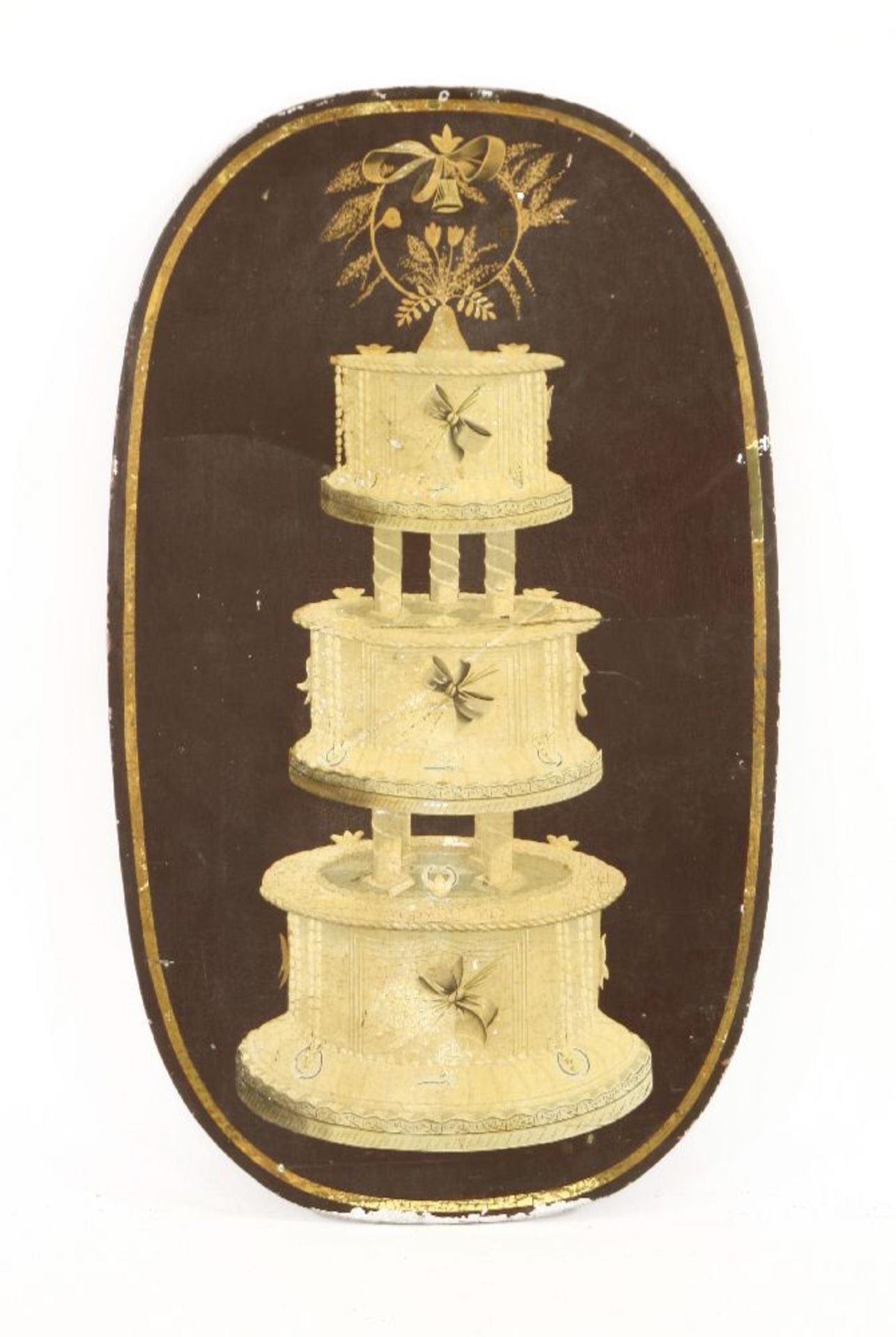 A FRENCH WEDDING CAKE PAINTED TRADE SIGN,c.1860-1880, japanned metal with wooden backing, from a