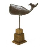 A COPPER SPERM WHALE WEATHER VANE, 20th century,94cm wide, 104cm high, on a stepped oak base
