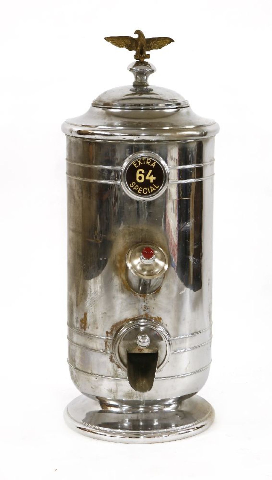 A COFFEE BEAN DISPENSER TOPPED BY A BRASS WINGED EAGLE,early 20th century, Belgian, nickel-silver,