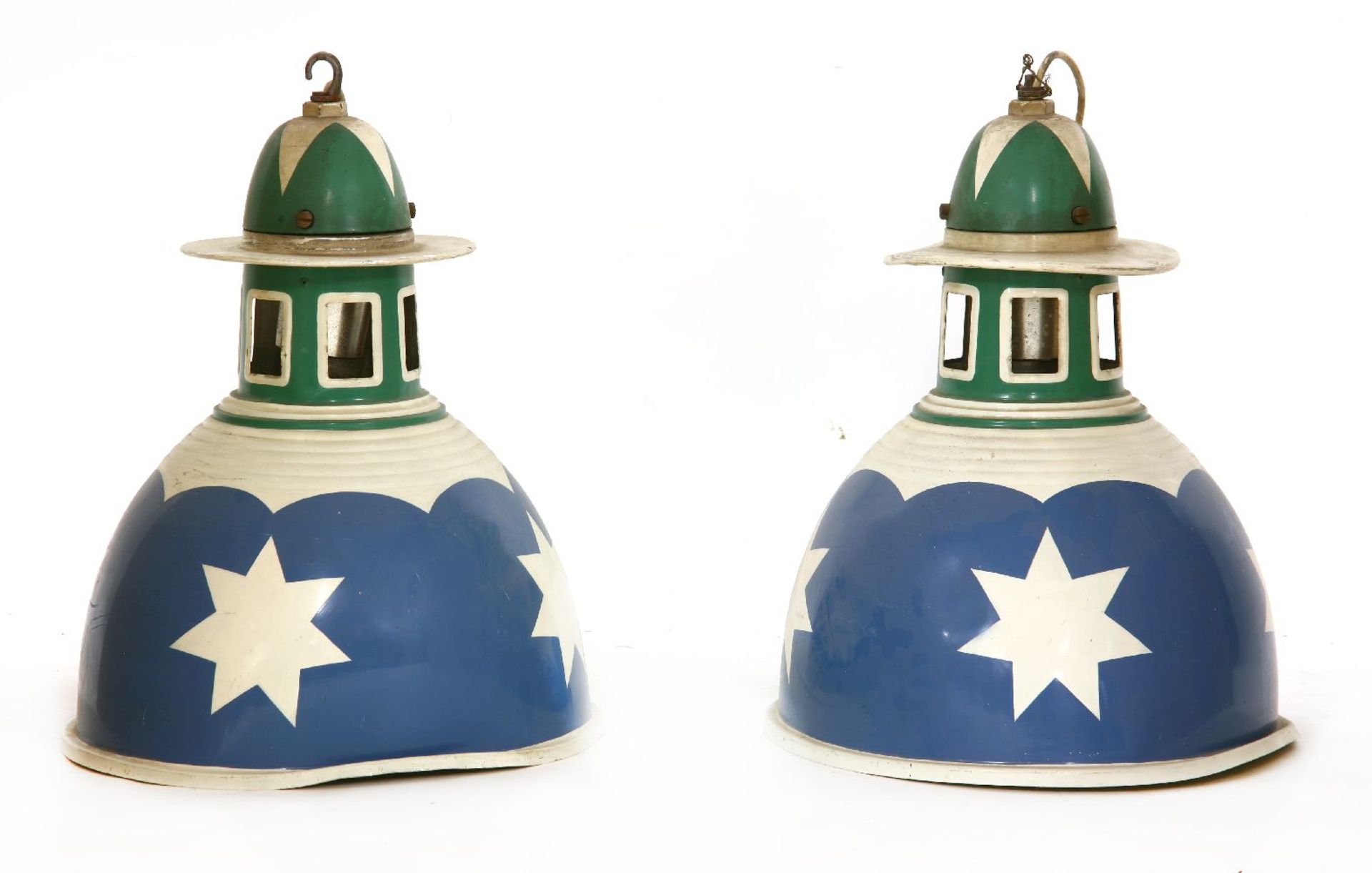 FAIRGROUND LAMPS,1950s or 60s, two impressive brightly painted metal fairground lamps, 52cm high (