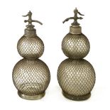 TWO 'SELTZOGENE' GLASS DOUBLE BALL SODA SIPHONS,19th century, French, with protective wire jacket