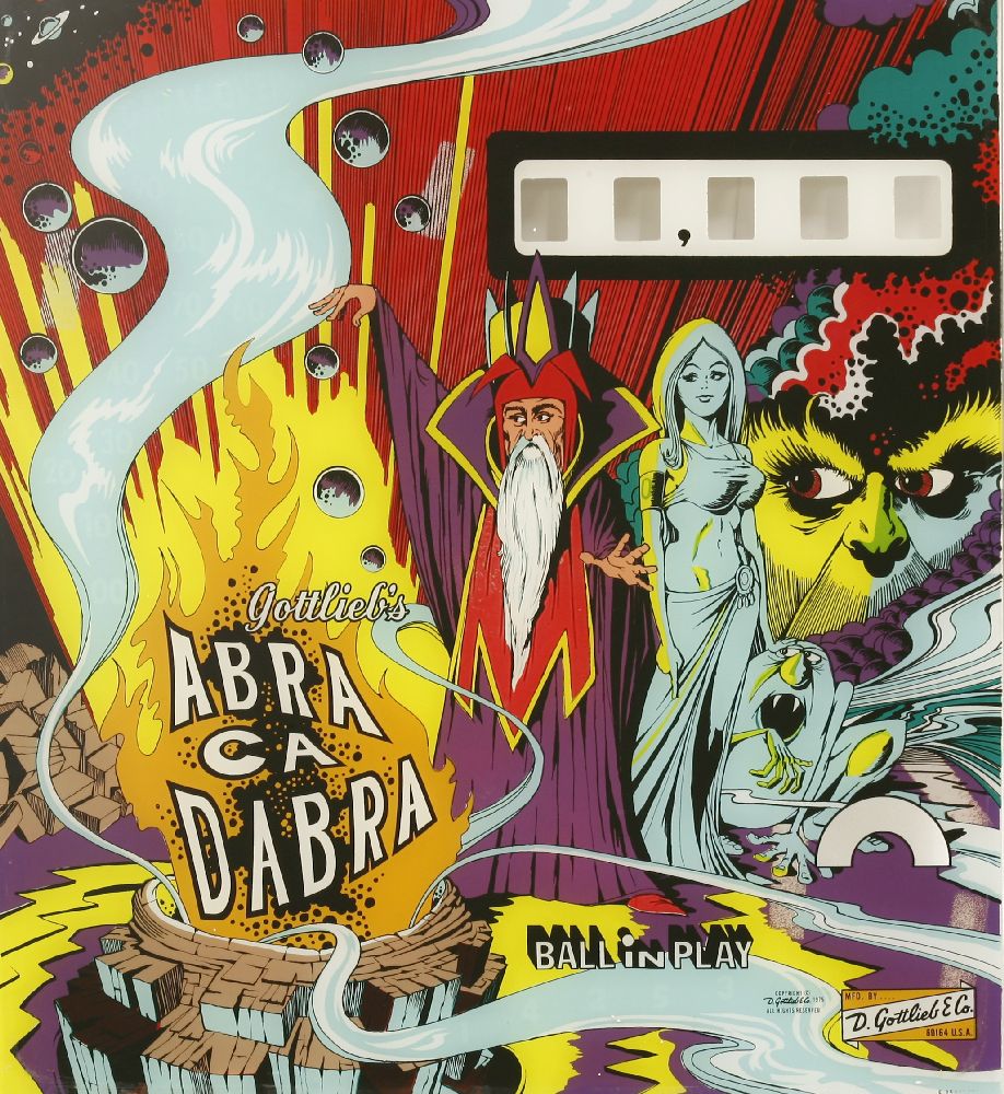 'ABRACADABRA',1975, the original back glass from an American Gottlieb, Chicago pinball machine,