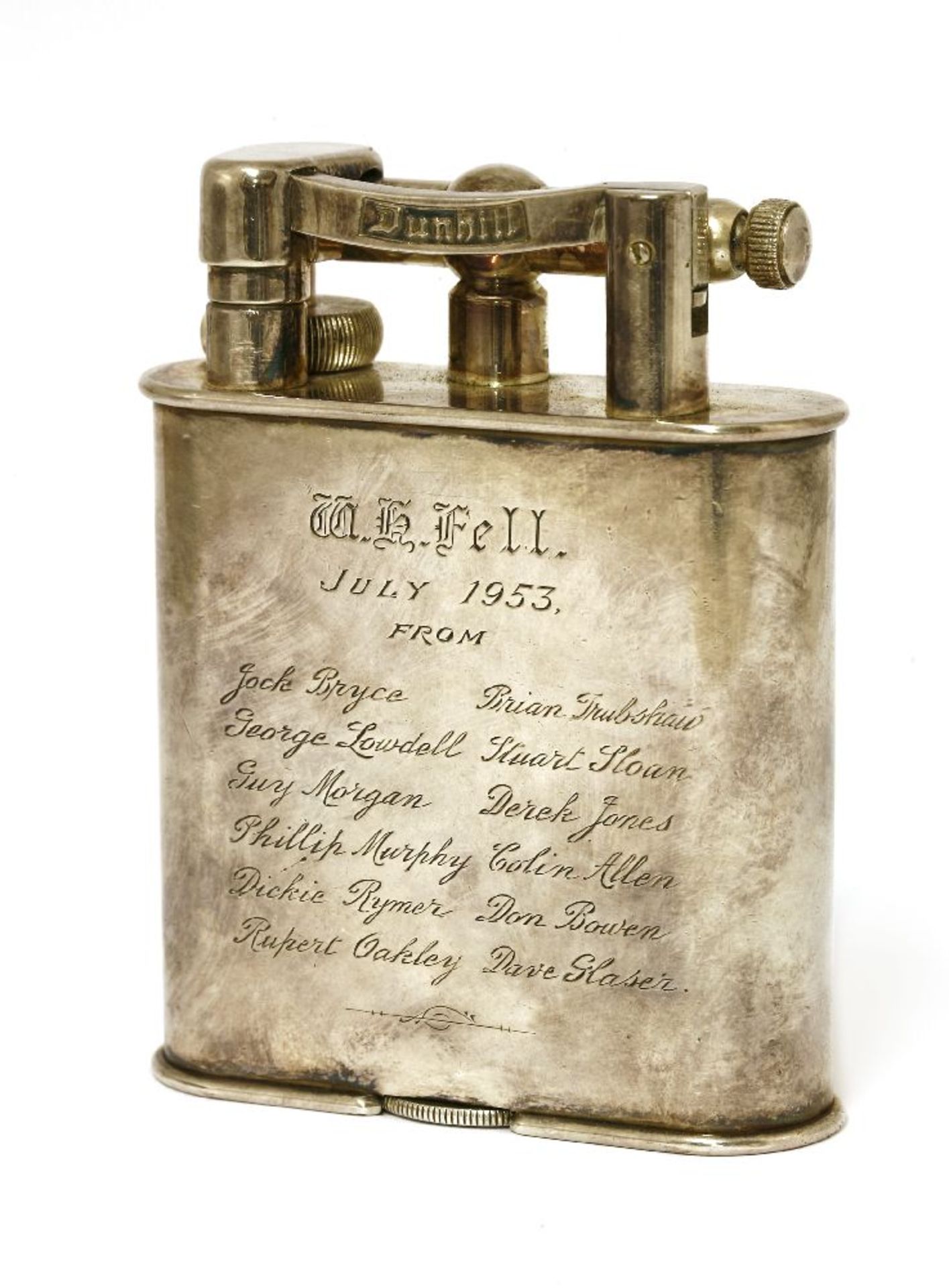 A PILOT'S DUNHILL GOLIATH TABLE LIGHTER,mid 20th century, silver-plated, presentation inscription '