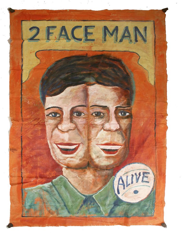 2 FACE MAN,a large mid-20th century fairground-style, folk art, hand-painted canvas, with the