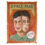 2 FACE MAN,a large mid-20th century fairground-style, folk art, hand-painted canvas, with the