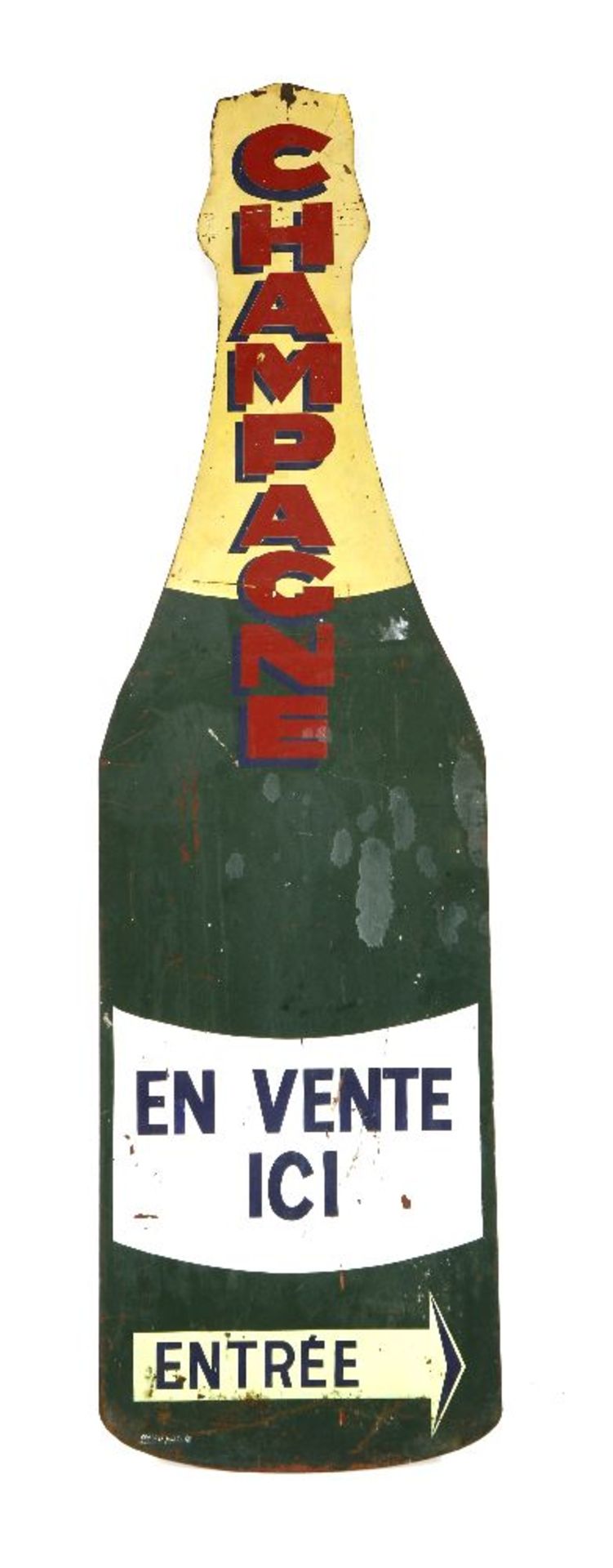 A LARGE ENAMEL CHAMPAGNE BOTTLE SIGN,French, from the Champagne region, with metal fixings to the - Image 2 of 2