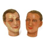 TWO WAX MANNEQUIN HEADS,early 20th century, a pair of well modelled wax mannequin heads on metal