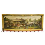 A PAINTED FAIRGROUND PANEL,of bow form, painted with a fairground scene, indistinctly signed, the