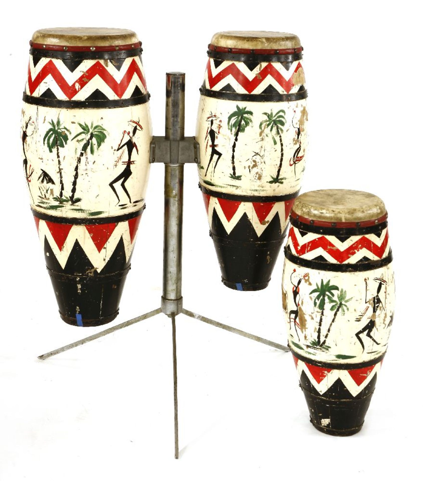 A SET OF BONGO DRUMS,1940s-1950s, from Southern France, but possibly of Cuban origin, painted wood