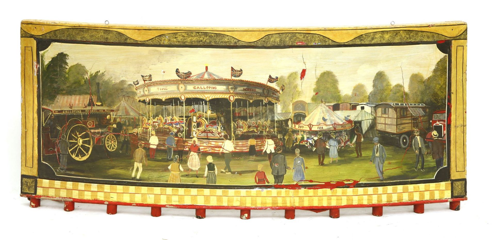 A PAINTED FAIRGROUND PANEL,of bow form, painted with a fairground scene, indistinctly signed, the - Bild 2 aus 2