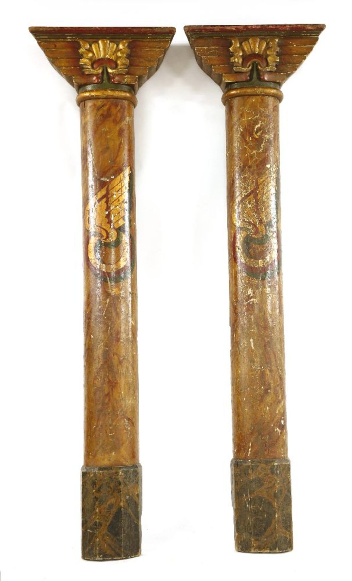 A PAIR OF EGYPTIAN-STYLE ART DECO FAIRGROUND PILLARS,c.1936, British, the carved wooden capitals