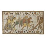 A WOVEN 'BAYEUX' PANEL,1930s, French, loosely based on a section of the Bayeux tapestry, depicting