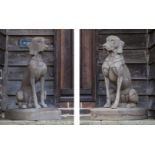 CARVED DOGS,an unusual pair of carved wooden sitting dogs,64cm wide, 33cm deep, 83cm high (2)