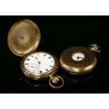 A rolled gold half Hunter side wind pocket watch, white enamel dial, signed Waltham USA, Roman