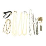 A collection of jewellery, to include a 9ct gold rope necklace with two simulated pearl drop charms,