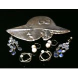 A pair of silver spectacle set moonstone drop earrings, (one moonstone replaced with an opal),