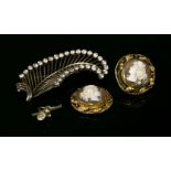 A pair of gold cameo plaques, with later screw back earrings, and a silver and cubic zirconia