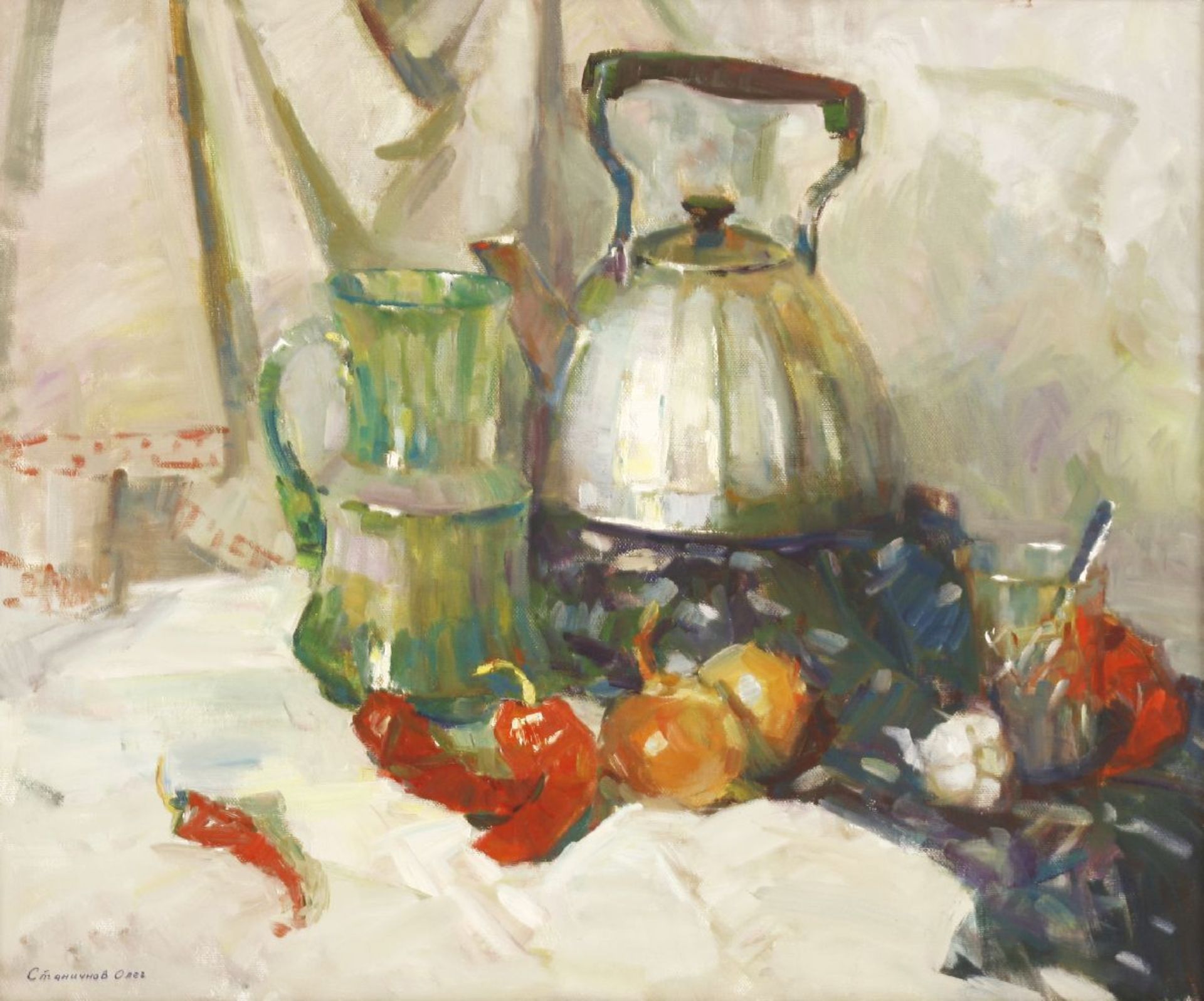 Oleg Stanichnov (Ukranian, contemporary)A STILL LIFE WITH A KETTLE, A JUG, CHILLIES, ONIONS AND