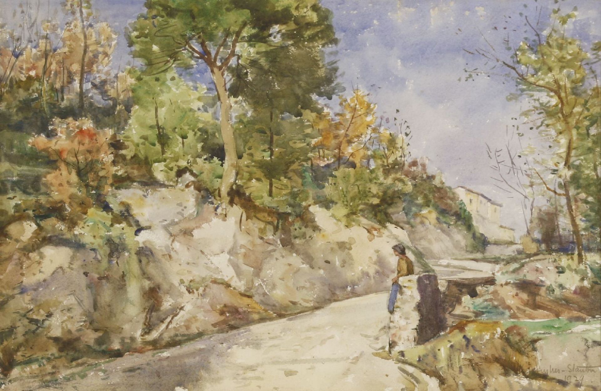 Sir Herbert Hughes-Stanton (1870-1937)A FIGURE ON A PATH IN FRANCESigned and dated 1929 l.r.,