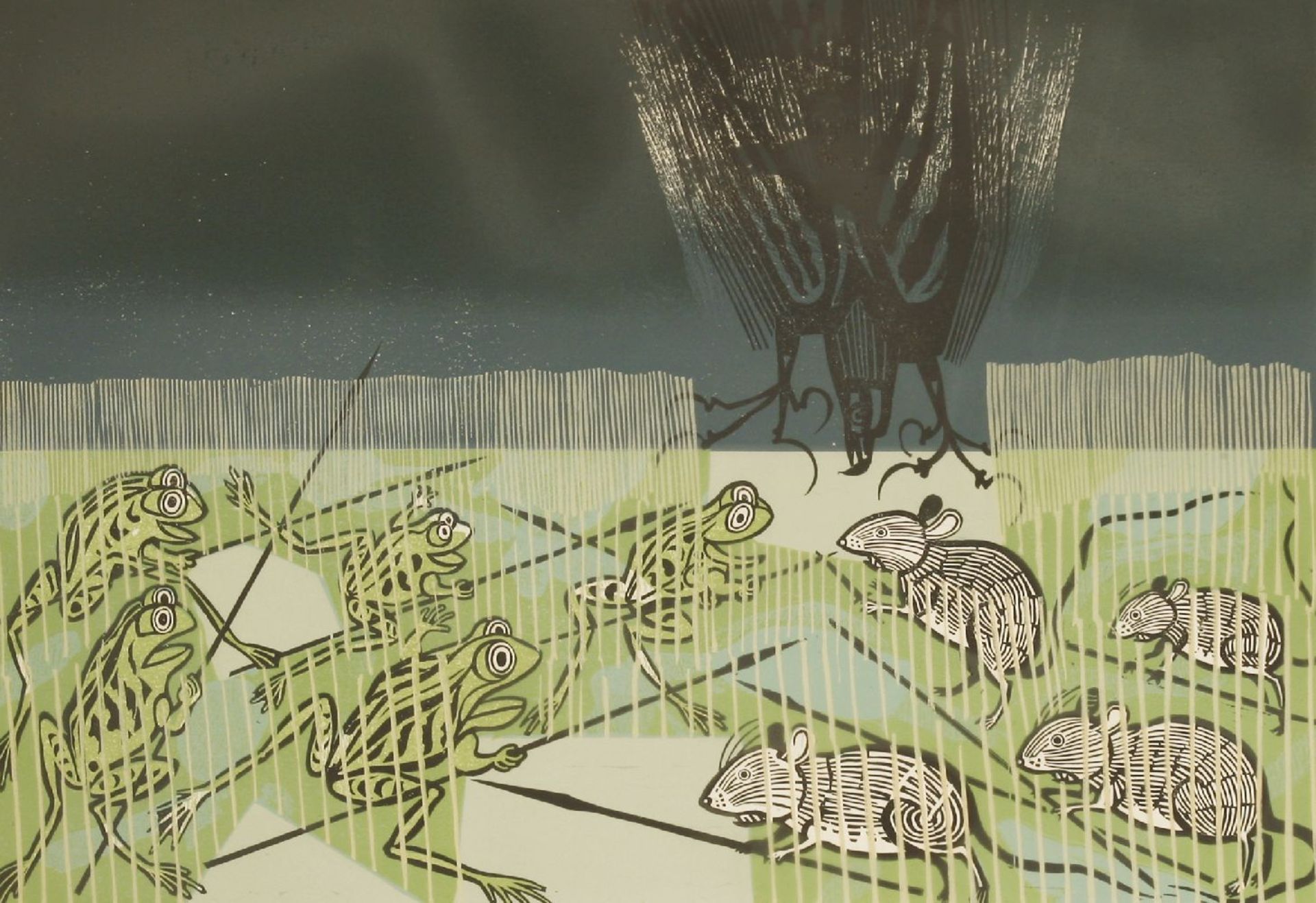 *Edward Bawden RA (1903-1989)'AESOP'S FABLES: FROG, MOUSE AND KITE'Linocut, signed, inscribed with