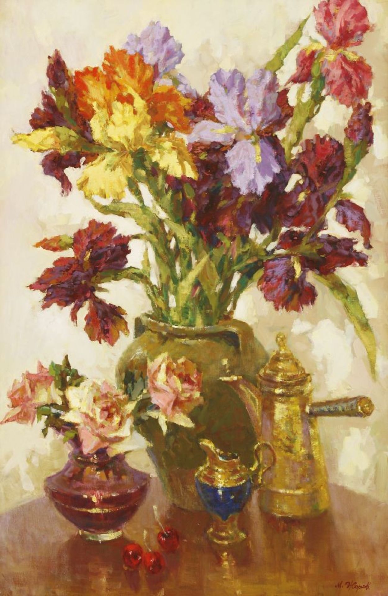 Mikhail Zharov (Russian, b.1974)A STILL LIFE OF A VASE OF IRISES, A VASE OF ROSES, A COFFEE POT