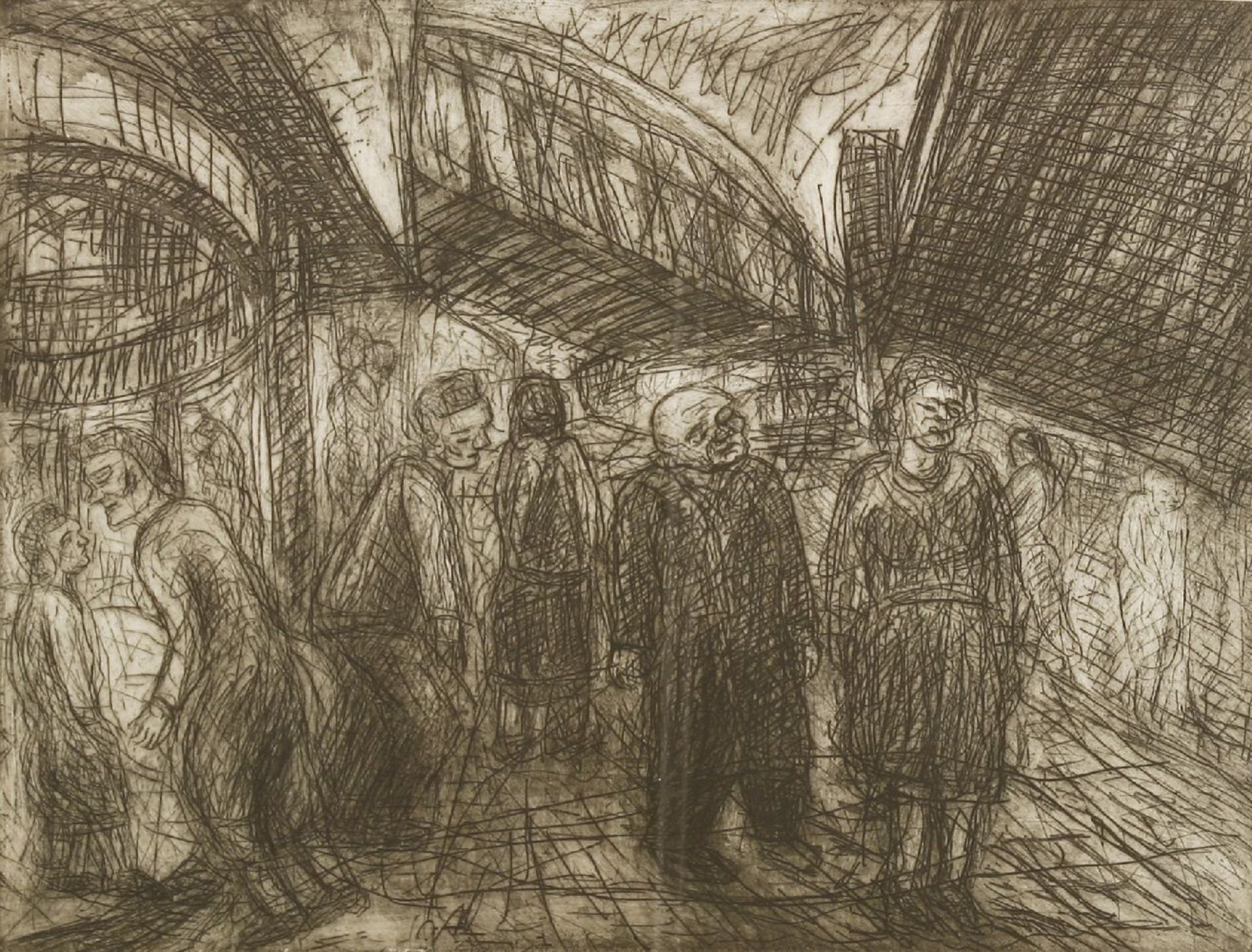 *Leon Kossoff (b.1926)'OUTSIDE KILBURN UNDERGROUND'Etching, signed, inscribed with title and